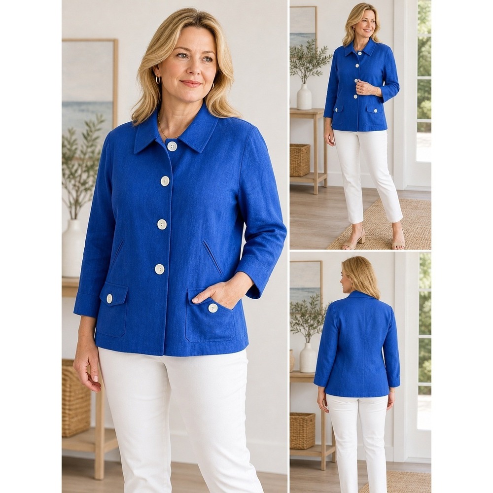 Lauren Ralph Lauren Blue Linen Blazer Jacket Womens 10 3/4 Sleeve‎ Button Front